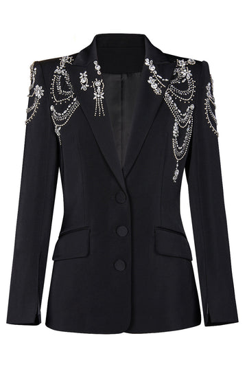 Sparkly noir pic revers simple boutonnage femmes bal blazer avec strass